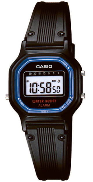 The Casio Watch - Women's Digital - LA11WB-1 by VLC Distribution Co. features a black rectangular face with blue trim, digital display, alarm, water resistance, and a ribbed black strap.