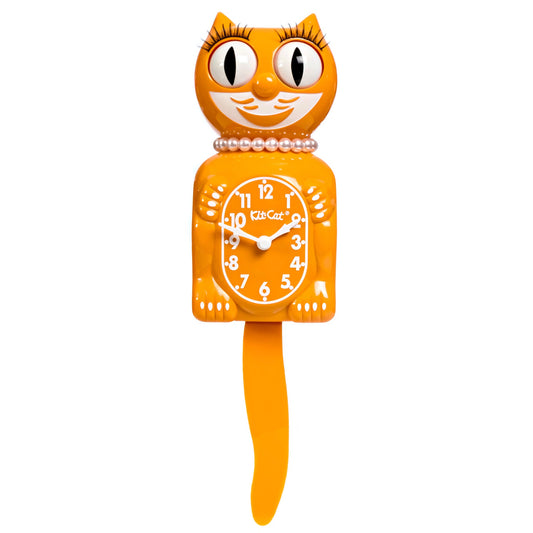 The Kit-Cat Klock - Festival Orange Lady (LBC-55) by California Clocks features a vintage orange cat with a pearl necklace, wide eyes, moving tail, and a clock face on its belly with white numbers and hands.