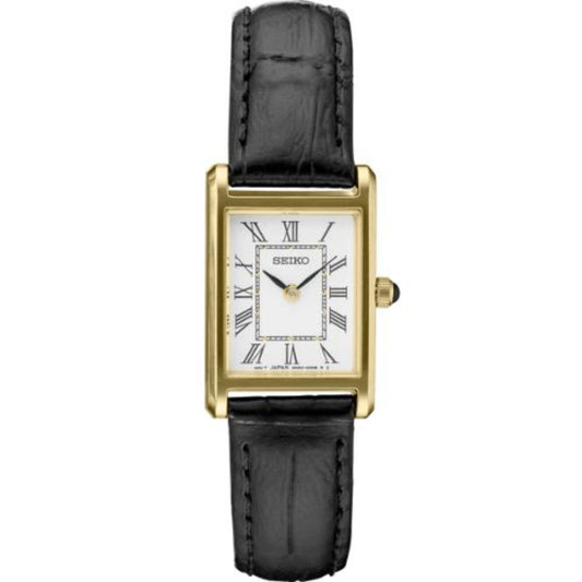 Women's rectangular watch with gold case and black leather strap on a white background from Seiko SWR054