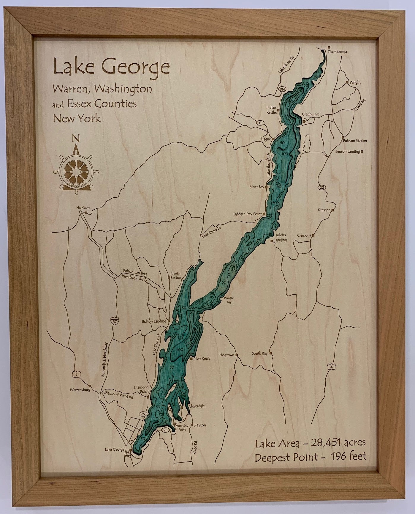 Lake Map - Lake George - Carved Wooden Relief Map - 14" x 18" - New York