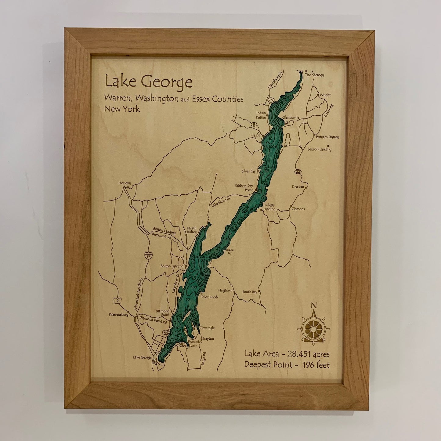 Lake George - Laser Carved Wooden Relief Map - 11" x 14" - New York