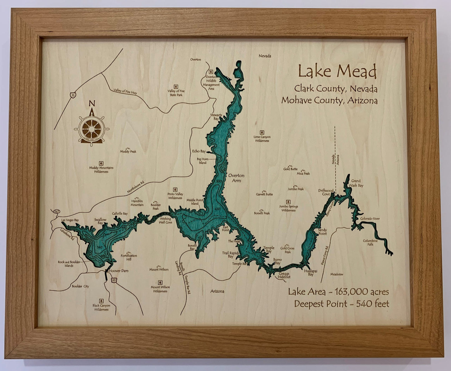 Lake Mead - Laser Carved Wooden Relief Map - 11" x 14" - Nevada