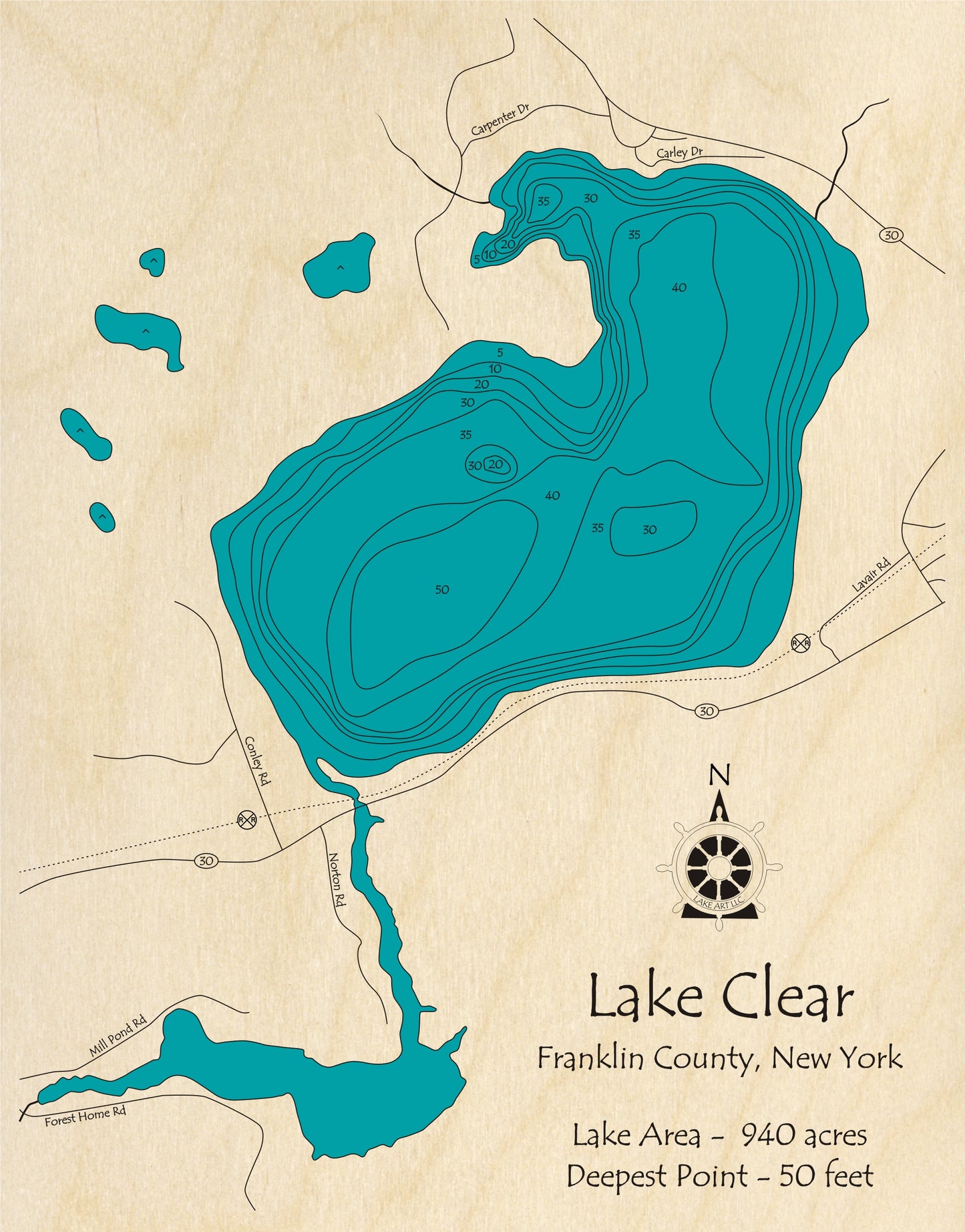 The Lake Art Lake Map of Lake Clear (14" x 18") is a laser carved wooden relief map for Franklin County, NY, featuring water depth contours, roads, a compass rose, and text noting the lakeβs 940 acres and 50-foot maximum depth.