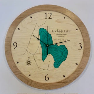 The Lake Art Lake Clock - Lochada Lake is a custom wooden wall clock featuring contour map details, black numbers, and wooden hands. It highlights “Lochada Lake, Sullivan County, NY” — perfect for unique lake house decor or gifts.