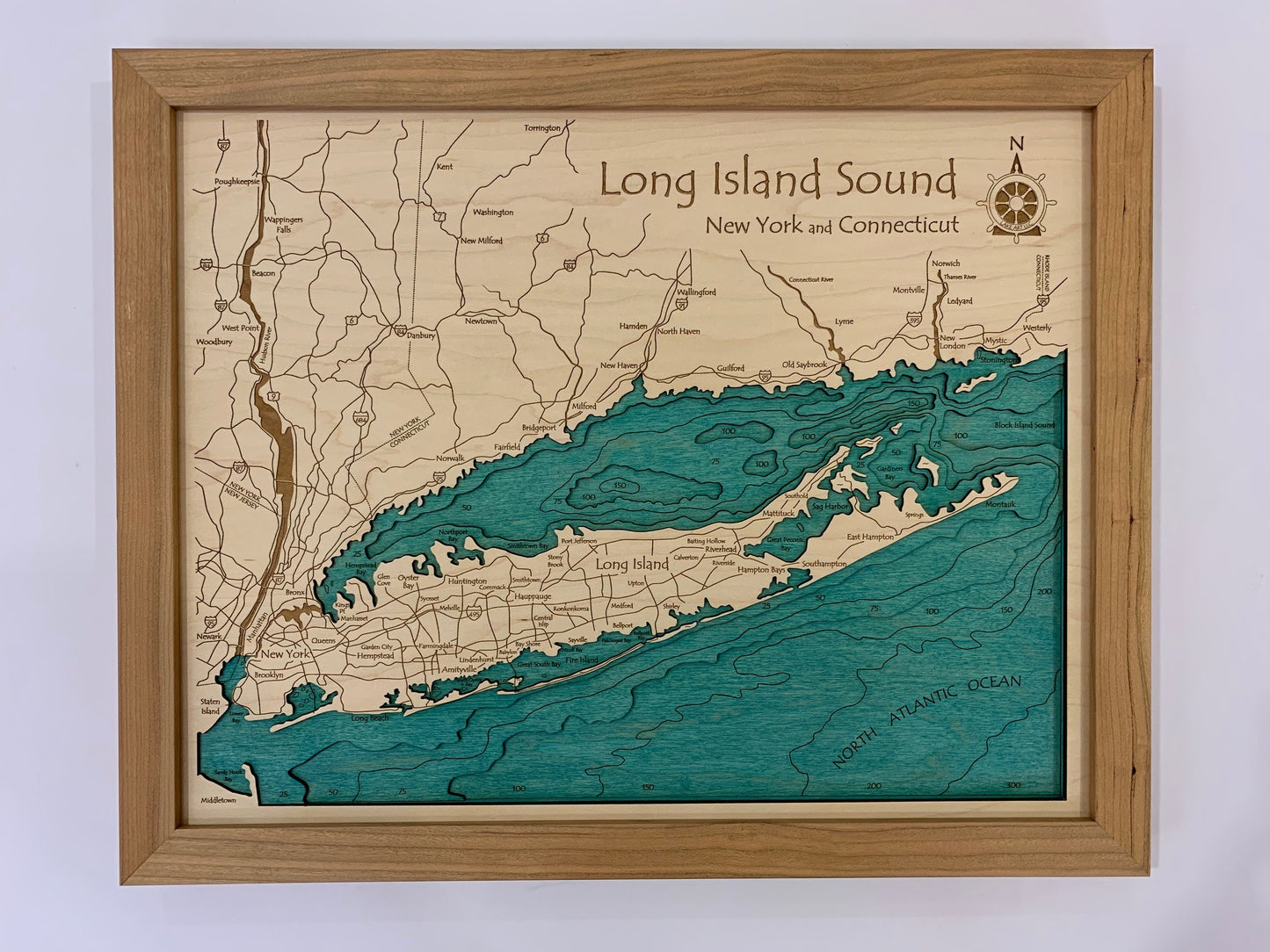 Long Island Sound - Laser Carved Wooden Relief Map - 14" x 18" - New York