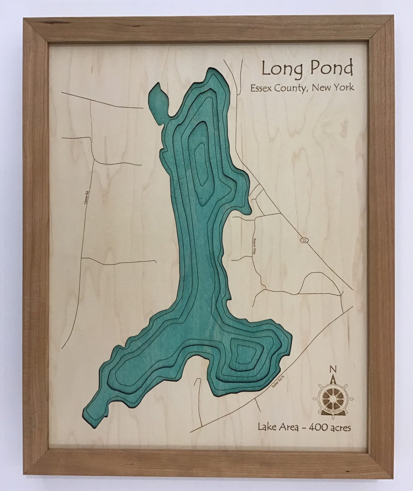 Lake Map - Long Pond - Laser Carved Wooden Relief Map - 14" x 18" - New York