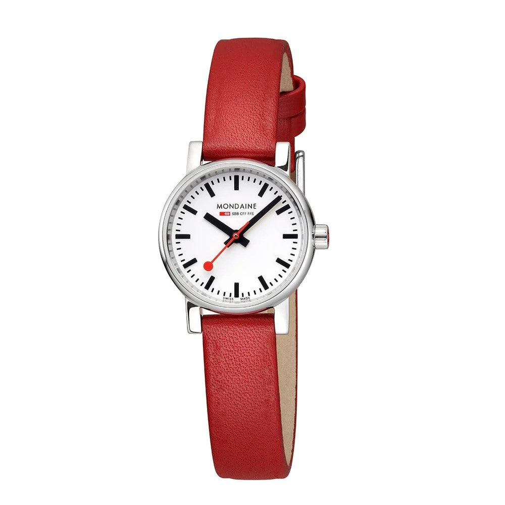 The Mondaine Watch - Evo2 - MSE.26110.LCV features a Swiss-made design with a white dial, black markers, red second hand, slim round silver case, striking red vegan grape leather strap, and the Mondaine brand on the face.