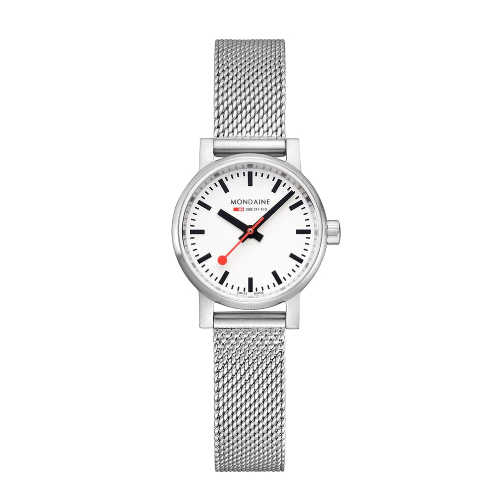 The Mondaine Watch - Evo2 - MSE.26110.SM features a silver mesh band, white face, black hour/minute hands and marks, a red second handβan iconic Swiss Made wristwatch by Mondaine.