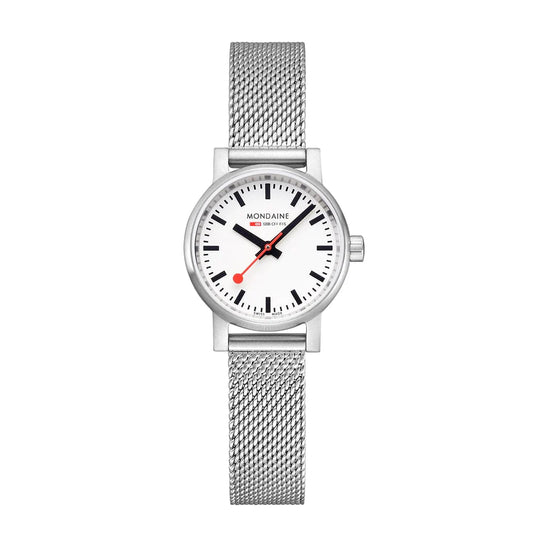 The Mondaine Watch - Evo2 - MSE.26110.SM features a silver mesh band, white face, black hour/minute hands and marks, a red second hand—an iconic Swiss Made wristwatch by Mondaine.