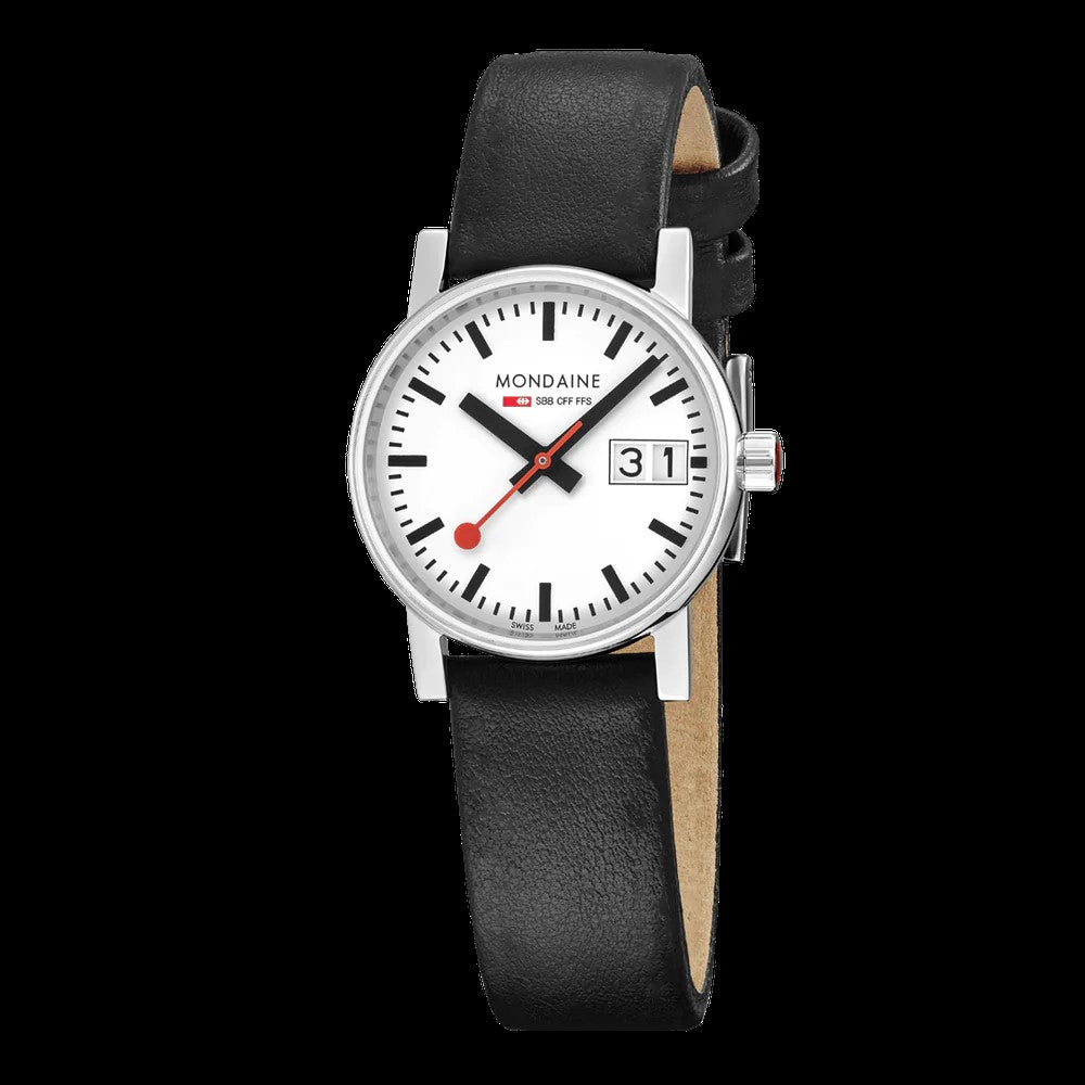 The Mondaine Watch - Evo2 - MSE.30210.LBV features a white face with black markers, a red second hand, large date at 3 o’clock, and a vegan grape leather strap. The Swiss made silver case showcases Mondaine’s iconic minimalist design.