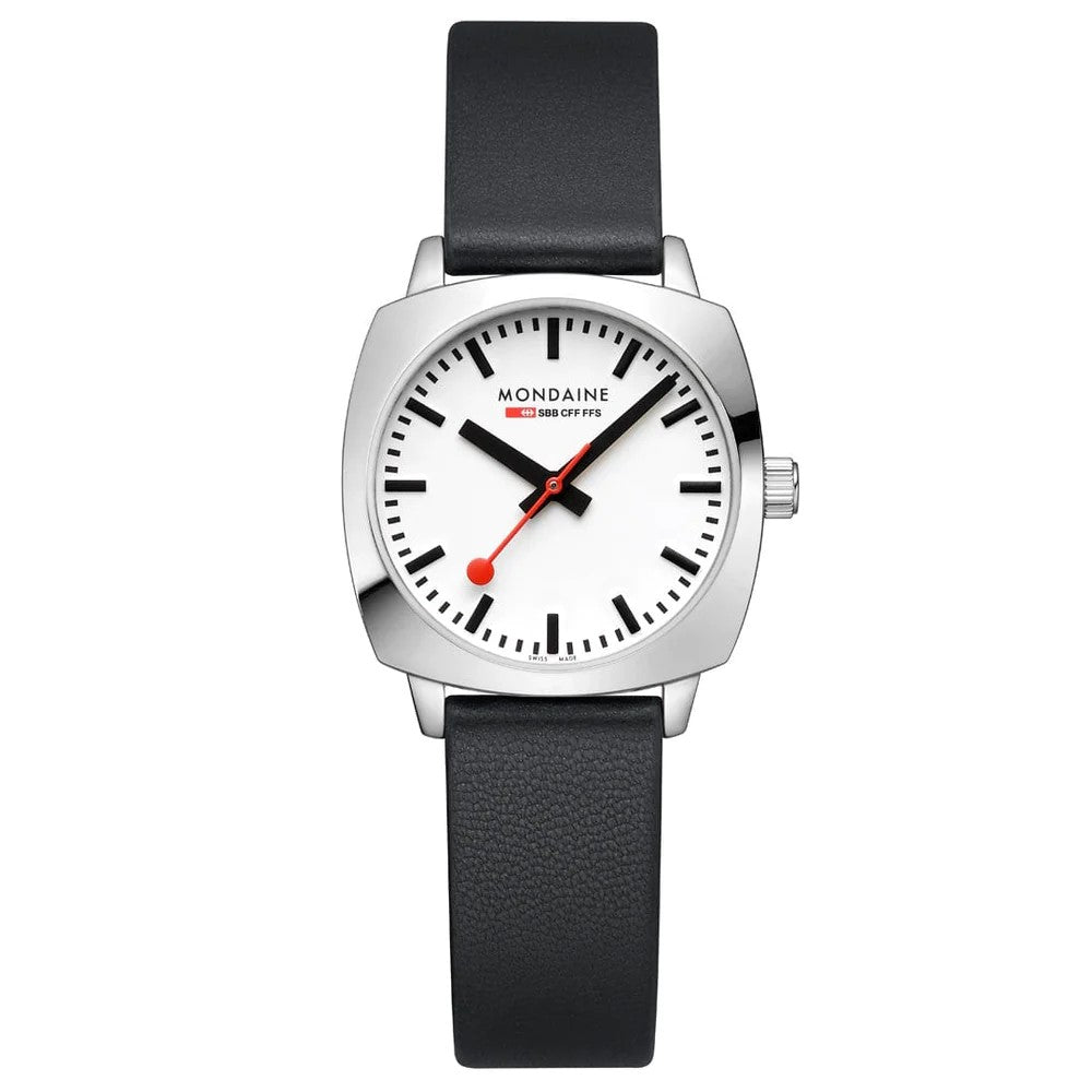 The Mondaine Petite Cushion MSL.31110.LBV is a Swiss made watch with a white dial, black hands and hour markers, red second hand, silver square case, and a black vegan grape leather strap—elegant and vegan-friendly.