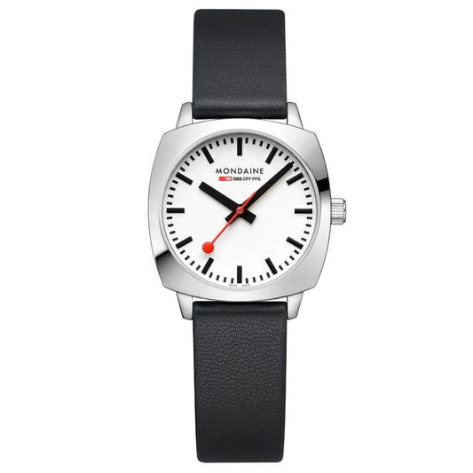 The Mondaine Petite Cushion MSL.31110.LBV is a Swiss made watch with a white dial, black hands and hour markers, red second hand, silver square case, and a black vegan grape leather strap—elegant and vegan-friendly.