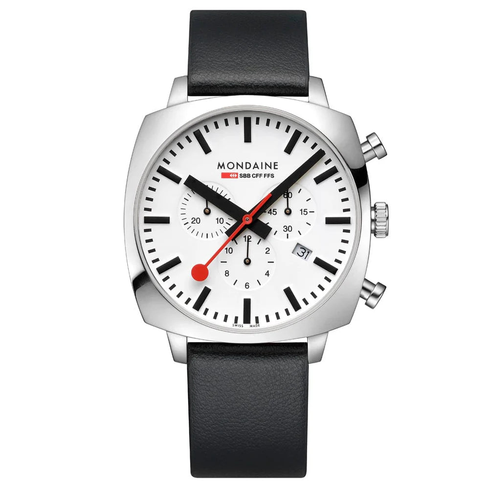 The Mondaine Grand Cushion MSL.41410.LBV features a white dial, black markers and hands, red second hand, subdials, date window, vegan grape leather strap, and a stainless steel case with crown and two pushers on the right.