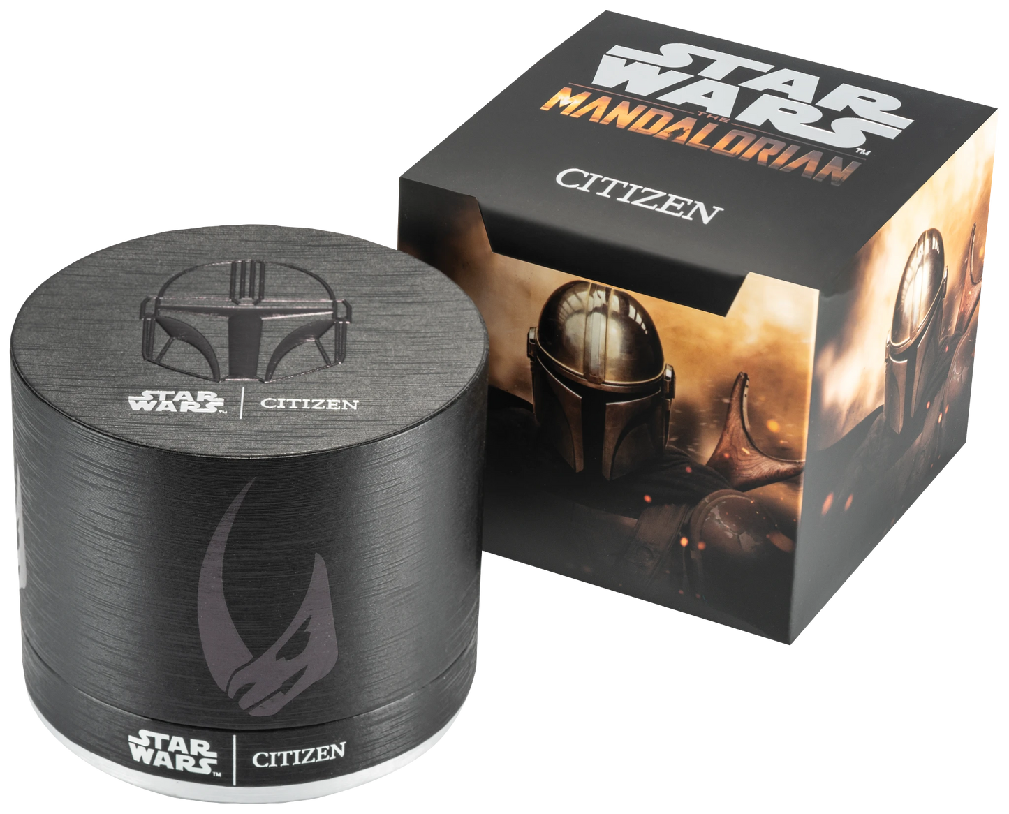 The Citizen Watch - Mandalorian - CA0857-09W comes in a round black watch box and square outer box, both with Star Wars: The Mandalorian designs—Mandalorian helmet, Mudhorn symbol, and Star Wars Citizen logos.