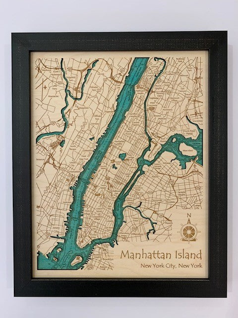 Lake Map - Manhattan Island - Laser Carved Wooden Relief Map - 11" x 14" - New York