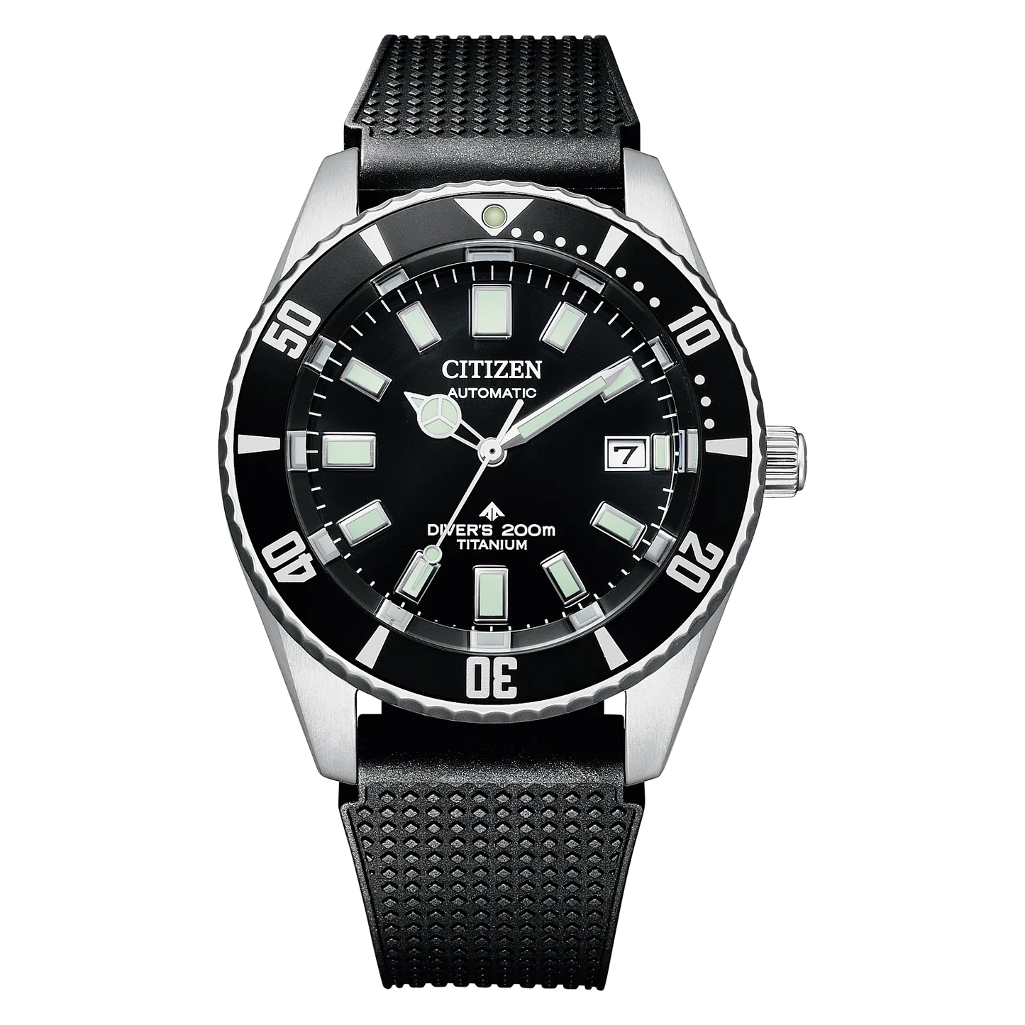 The Citizen Promaster Fujitsubo Automatic (NB6021-17E) features a black dial, silver bezel, luminous markers and hands, date at 3 o’clock, textured black strap, and is water resistant to 200m.