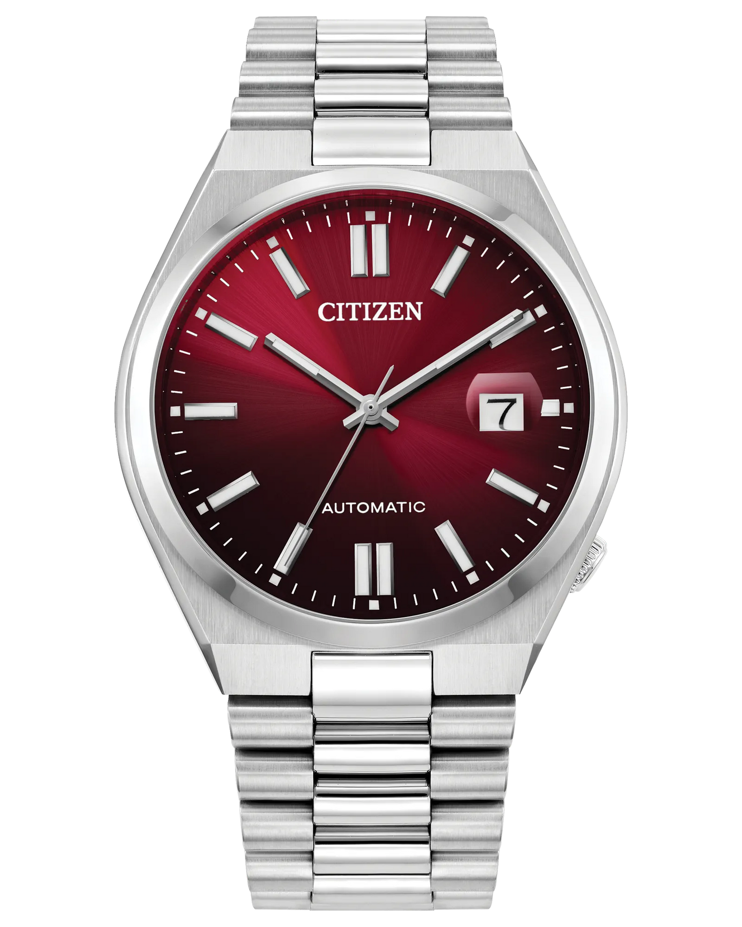 The Citizen TSUYOSA Automatic (NJ0150-56W) watch by Citizen features a metallic red dial, silver markers and hands, a date window at 3 o’clock, and a stainless steel link bracelet, displayed against a white background.