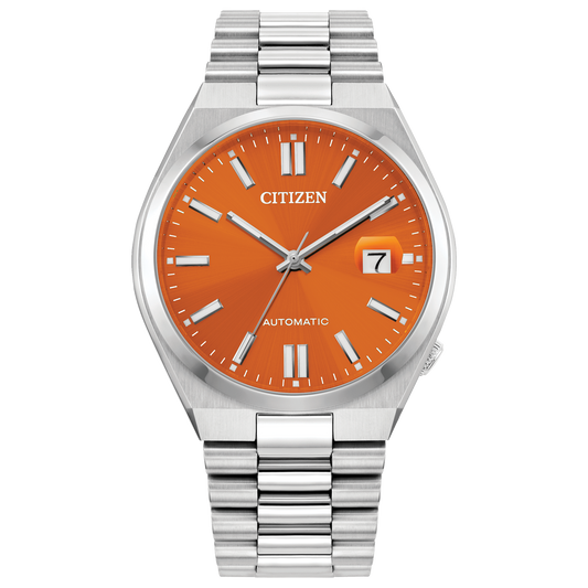 The Citizen Watch - Tsuyosa Automatic (NJ0151-53Z) by Citizen features a stainless steel case and silver band, an orange dial with silver markers and hands, a date window at 7 o’clock, and AUTOMATIC written above 6.