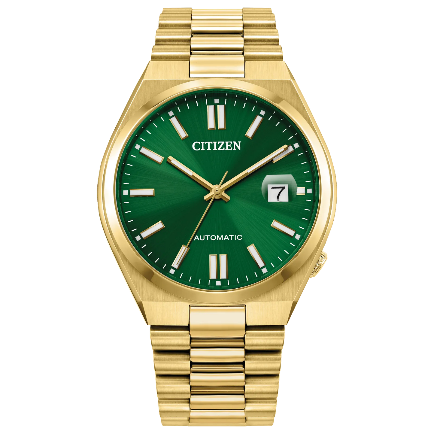 The Citizen Watch - TSUYOSA Automatic (NJ0152-51X) by Citizen features a gold-tone stainless steel case, sunray green dial, gold markers and hands, date window at 3 o’clock, AUTOMATIC above 6, and a matching gold link bracelet.