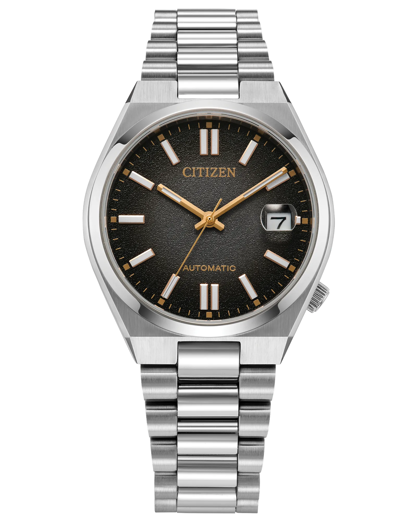 The Citizen Watch TSUYOSA 37mm “Time Slip” (NJ0200-50E) features a black textured dial, gold markers and hands, date window at 3 o’clock, and a stainless steel link bracelet in a sporty stainless steel design.