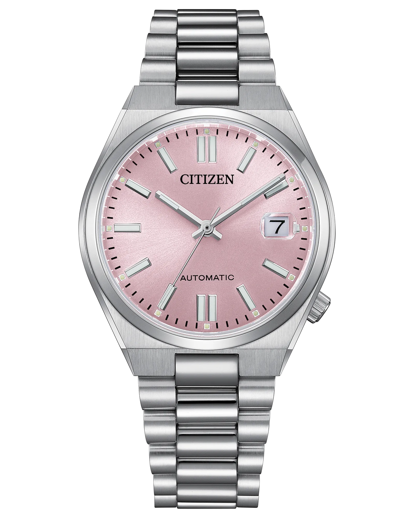 The Citizen Watch - TSUYOSA Automatic 37mm (NJ0200-50Z) features a pink dial, silver markers, date window at 3 o’clock, stainless steel case, automatic movement, and a metal link bracelet.