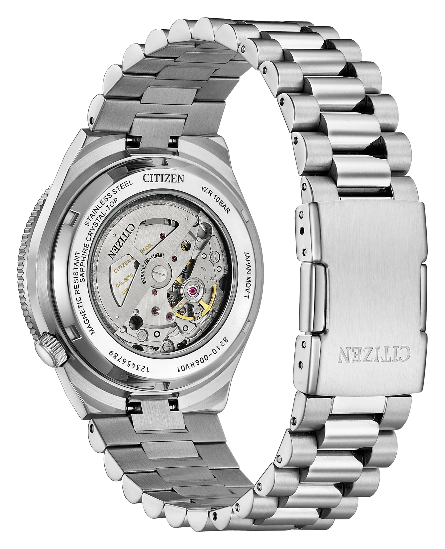Back view of the Citizen Watch - TSUYOSA Shore “Time Slip” - NJ0238-57E by Citizen, featuring an exposed automatic movement with visible gears and engravings, attached to a stainless steel link bracelet.