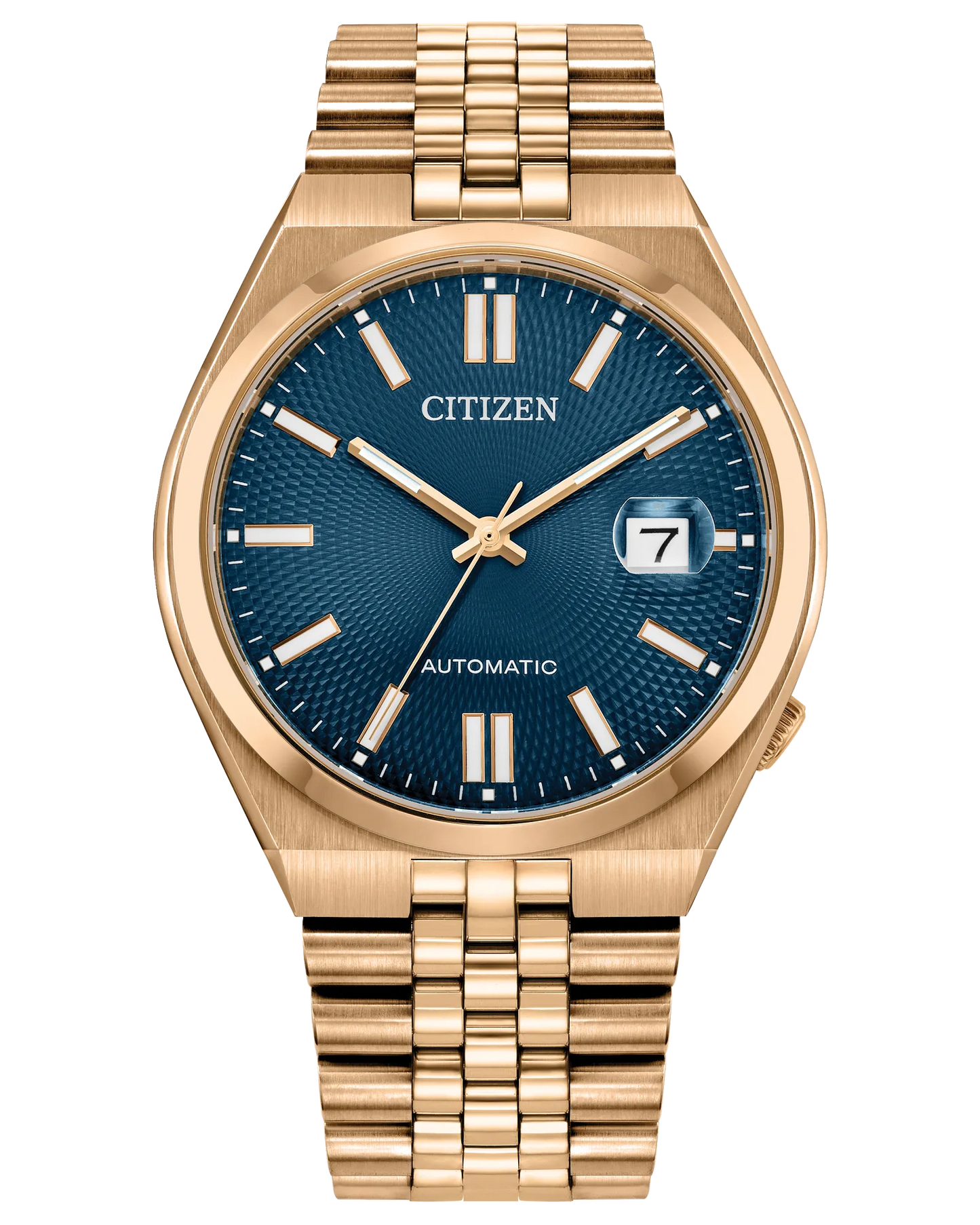 The Citizen Watch TSUYOSA 60 Automatic (NK0023-57L) features a blue textured dial, gold hour markers and hands, a date window at 3 o’clock, and a rose gold-tone stainless steel link bracelet.