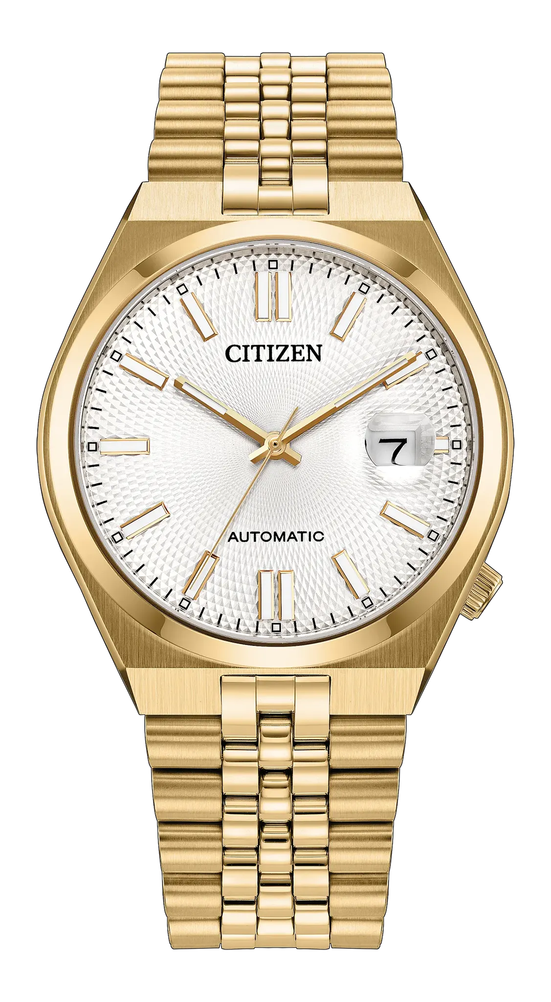 The Citizen Watch - Women’s TSUYOSA 60 (model NK0032-56A) by Citizen features a yellow gold-tone metallic band, a white textured dial, gold hour markers and hands, a date window at 3 o’clock, and the word “AUTOMATIC” displayed above 6 o’clock.