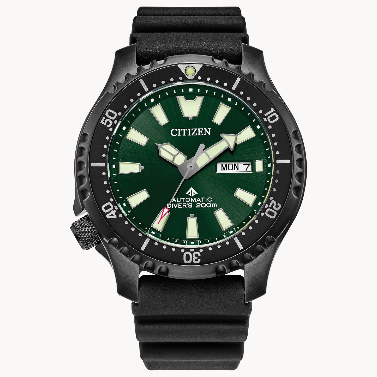The Citizen Promaster Dive Automatic NY0155-07X men's watch features a black case and strap, green dial, bold white hour markers, 10-minute marked bezel, day-date display, and is labeled Automatic Diver’s 200m.