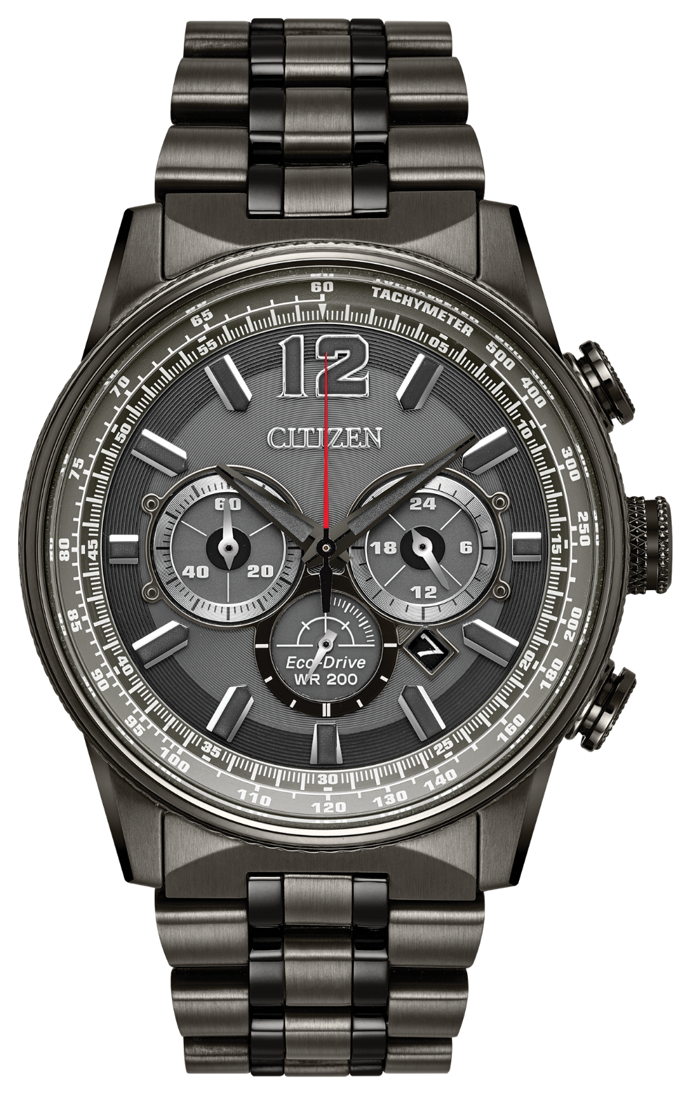 The Citizen Nighthawk CA4377-53H features Eco-Drive tech, a dark metal band, three subdials, date window, tachymeter markings, and luminous hands on a sleek grey face.