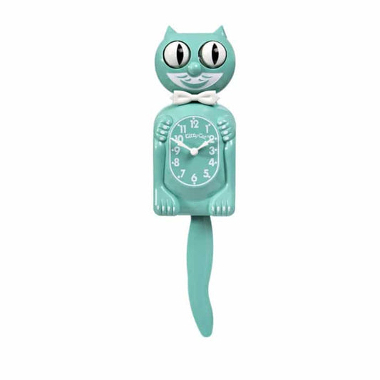 The Kit-Cat Klock - Ocean Waves Kitty (Limited Edition, KC-7) by California Clocks is a retro green wall clock with a teal cat shape, moving tail, white bow tie, and large googly eyes above a numbered round face.