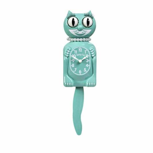 The California Clocks Kit-Cat Klock - Ocean Waves Miss Kitty (MKC-7) Limited Edition features turquoise color, a pearl necklace, large moving eyes, a swinging tail pendulum, and a belly clock face with white numbers and hands.