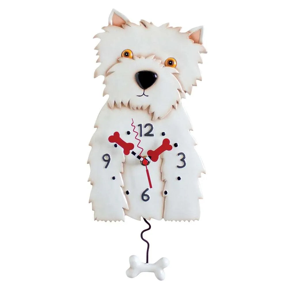 The Enesco Allen Designs Clock - Westin (P1328) is shaped like a white West Highland Terrier with orange eyes, a black nose, red bone hands, and a dangling bone pendulum—an ideal gift for any dog lover or addition to your Westie collection.