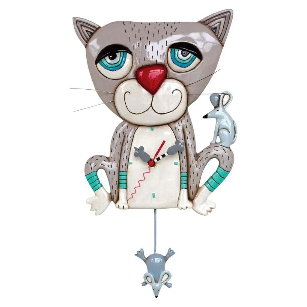 The Enesco Allen Designs Clock - Mouser (P1404) features large blue eyes, mouse-shaped hands, and a swinging mouse pendulumโa playful and charming addition to any room.