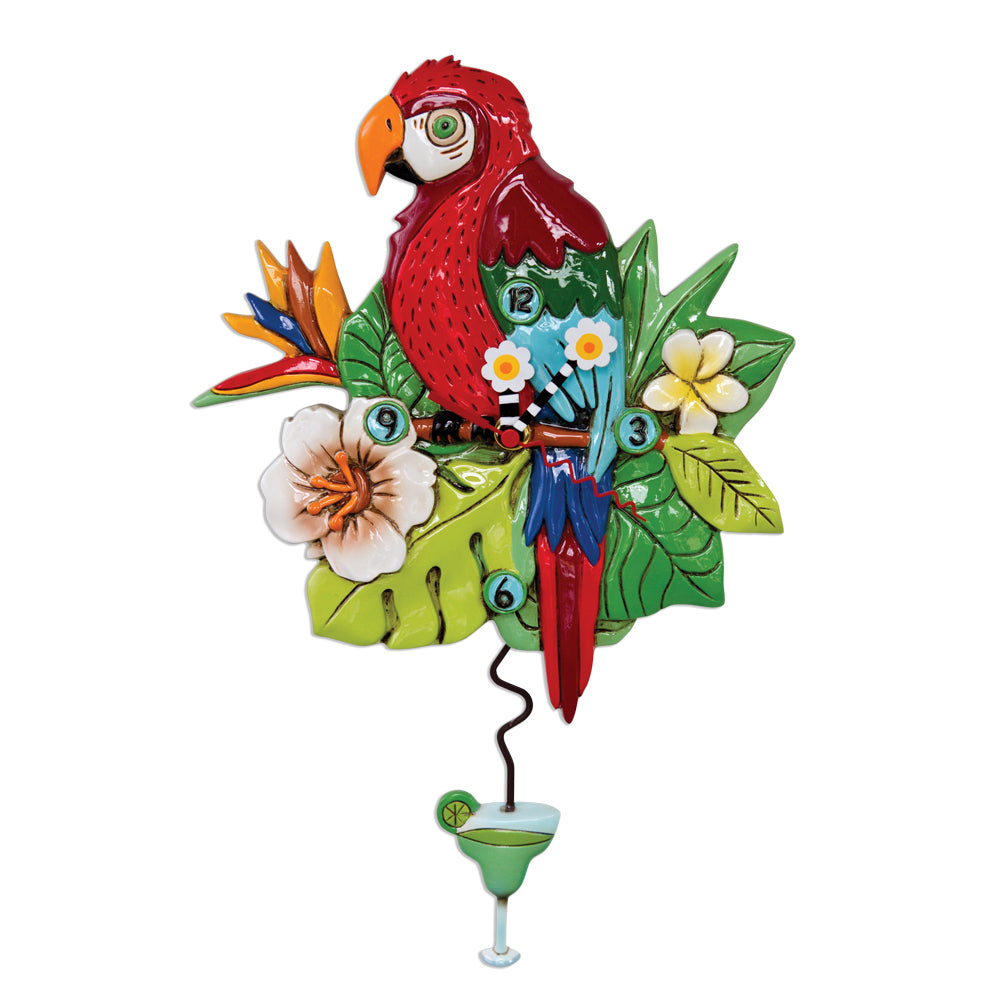 Add a playful touch to your home with the Allen Designs Clock - Polly Parrot - P1866 by Enesco, featuring a vibrant red parrot among tropical flowers and a swinging cocktail glass pendulum.