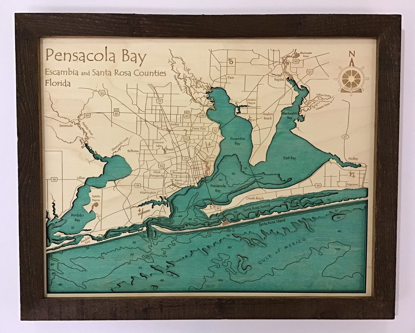 Lake Map - Pensacola Bay - Laser Carved Wooden Relief Map - 14" x 18" - Florida