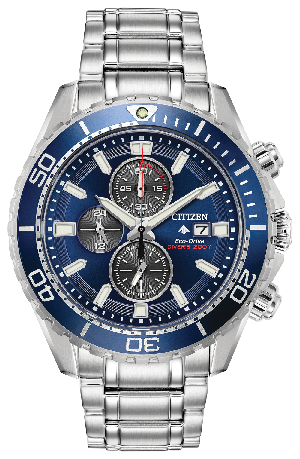 The Citizen Promaster Diver CA0710-58L features Eco-Drive tech, a blue bezel and dial, three subdials, date window, stainless steel band, and is water-resistant to 200m.