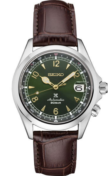 The Seiko Prospex Alpinist SPB121 features a green dial, gold markers and hands, date at 3 o'clock, stainless steel case, and brown leather strap. The watch face reads "Seiko Automatic 20BAR.
