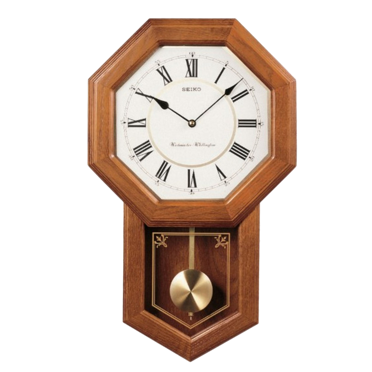 The Seiko QXH110BLH Light Oak Traditional Schoolhouse Wall Clock features an octagonal face with Roman numerals and a visible brass pendulum, offering classic vintage styling evocative of a traditional schoolhouse clock.