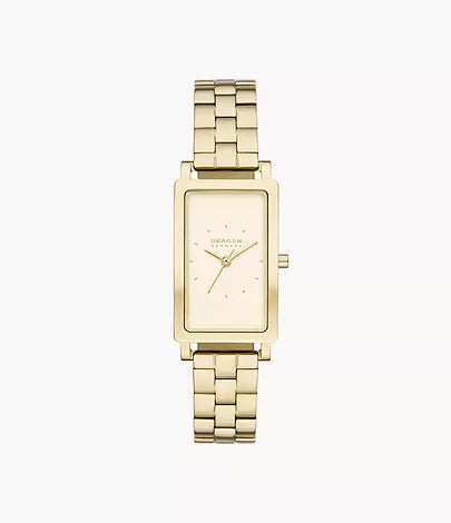 A gold rectangular Skagen Watch - Hagen Lille - SKW3098 by Fossil, featuring a gold metal link band, minimalist face with small dot markers, and Skagen branding centered on the dial.
