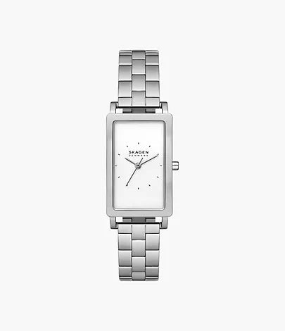 A rectangular silver Fossil Skagen Watch - Hagen Lille - SKW3130 with a white face, minimalist hour markers, and a linked metal band is displayed against a plain white background.