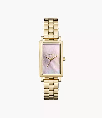 A rectangular Fossil Skagen Watch - Hagen Lille (SKW3158) with a linked bracelet band and mother-of-pearl dial inspired by Danish modernism, featuring three gold hands and the Fossil brand name on the face.