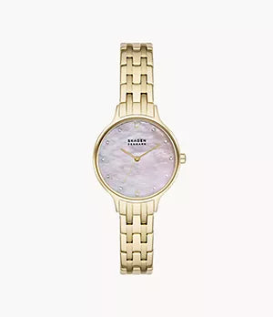 The Fossil Skagen Watch - Anita Lille (SKW3165) features a gold-tone stainless steel linked bracelet, a round white mother-of-pearl dial with crystal hour markers, and a sleek minimalist design.