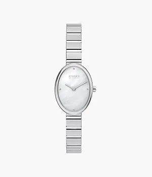 A sleek Skagen Anita Oval wristwatch by Fossil (model SKW3182) featuring a minimalist white dial with two small indices and a slim silver stainless steel link band.