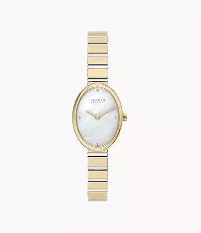 A gold-tone stainless steel Fossil Skagen Watch - Anita Oval (SKW3183), featuring an oval white face with minimalist markers and a slim gold metal band.