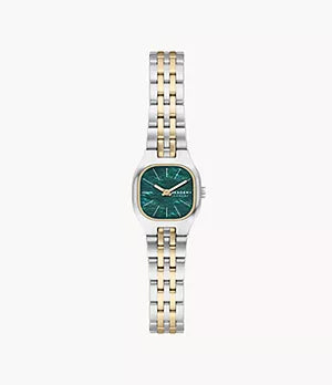 A Fossil Skagen Watch - Mellem Micro (SKW3187) featuring a silver and gold two-tone design, a green rectangular dial with gold hour markers, and a linked stainless steel bracelet, showcased against a plain white background.