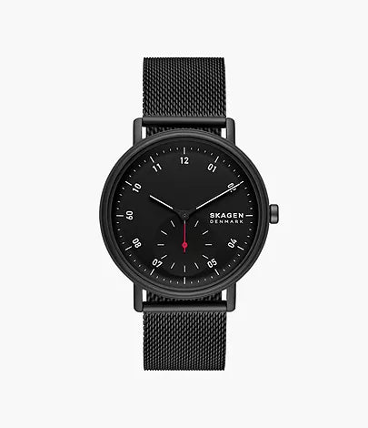 The Fossil Skagen Watch Kuppel SKW6892 has a black stainless steel mesh strap, a round black face with white hour markers, slim hands, a red seconds hand, and the Skagen Denmark logo on the right side of the dial.