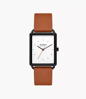 The Skagen Watch - Hagen - SKW6929 by Fossil features a rectangular white face, black case, minimalist black markers, an orange second hand, and a brown leather strap. The Skagen brand appears elegantly on the dial.
