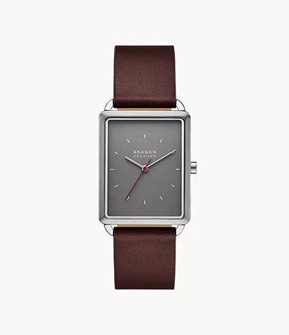 The Fossil Skagen Watch - Hagen Gray Dial (SKW6932) features a rectangular silver case, brown leather strap, minimalist markers, thin silver hands, and a red second hand on its gray dial.