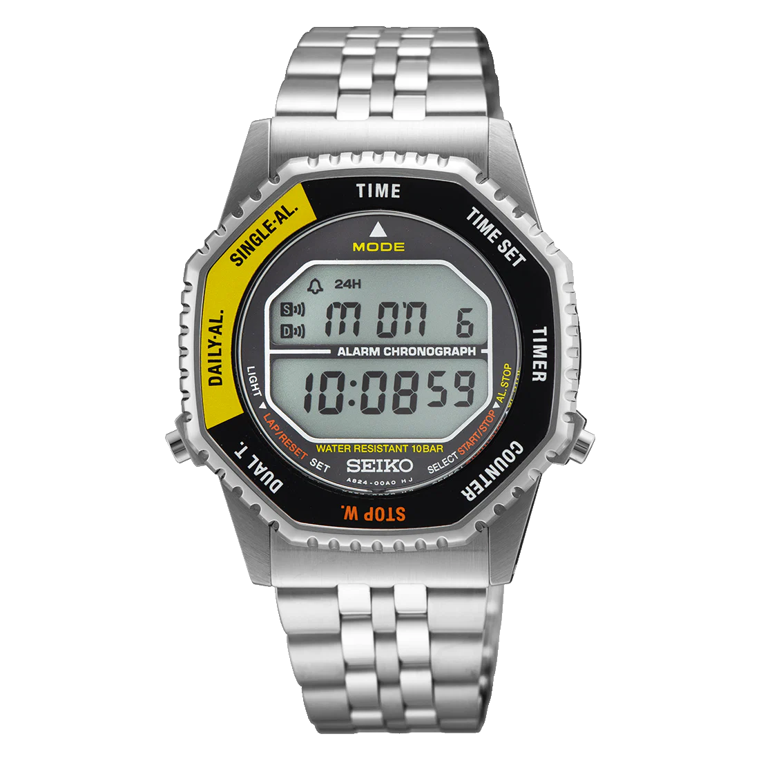 The Seiko Watch - Rotocall - SMGG17 features a silver metal band, displays 10:08:59, and offers alarm, chronograph, timer, and counter functions with yellow and white labels on the face.